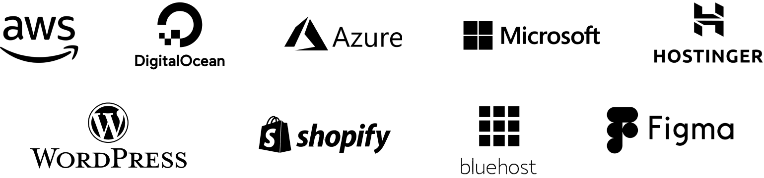 AWS, DIGITAL OCEAN, WORDPRESS, AZURE, MICROSOFT, HOSTINGER, SHOPIFY, BLUEHOST, FIGMA